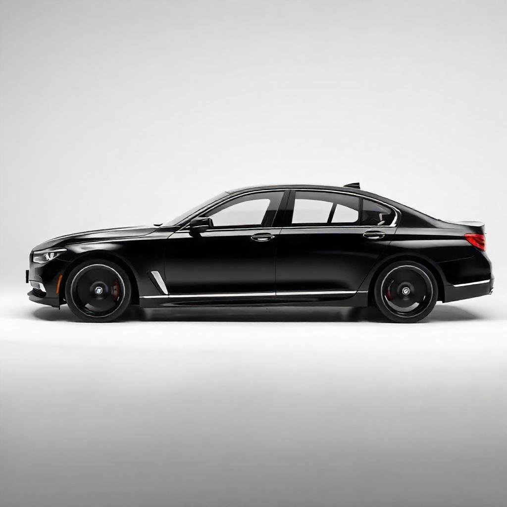 one side showcase black bmw 7 series white background for rental in dubai