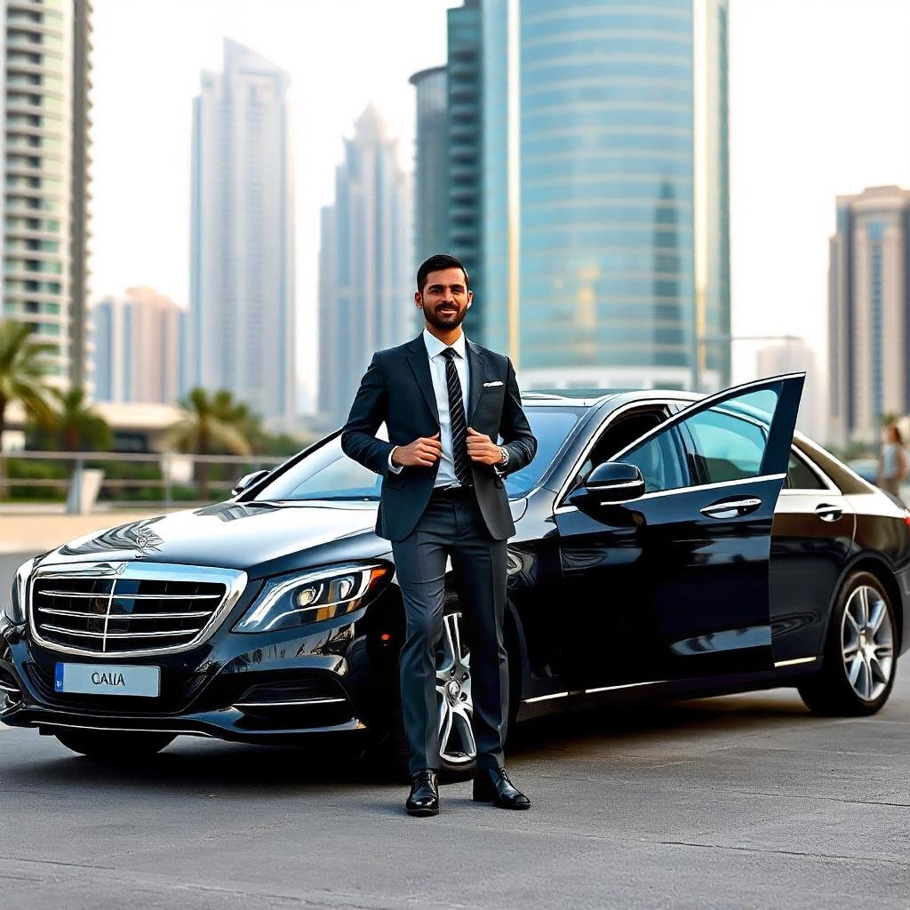 "Professional chauffeur standing by a luxury car in Dubai, ready for on-demand service, with Dubai skyscrapers in the background, representing flexible, reliable, and convenient transportation