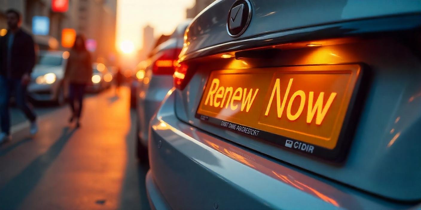 A close-up of a Dubai car number plate with a subtle overlay of "Renew Now" or a checklist icon. In the background, you can see a well-lit Dubai street or parking area.
