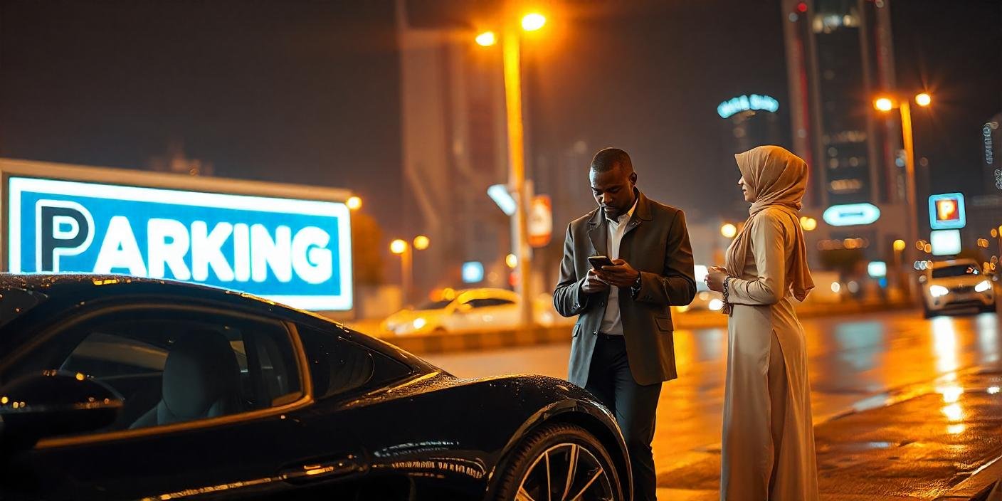 Dubai parking sign board illuminated by bright lights at night, reflecting on a wet surface from recent rain, with a sleek black sports car parked nearby, an African American man checking his phone while a Middle-Eastern woman waits next to him, city lights twinkling in the background.