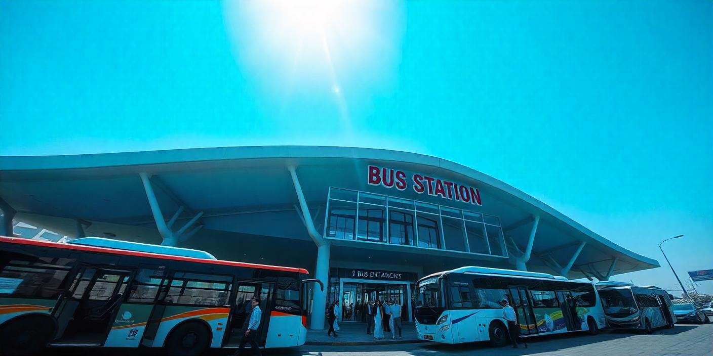 A professional, wide-angle photograph of the Ajman Bus Station building, showcasing its main entrance or a bustling scene with buses and passengers.