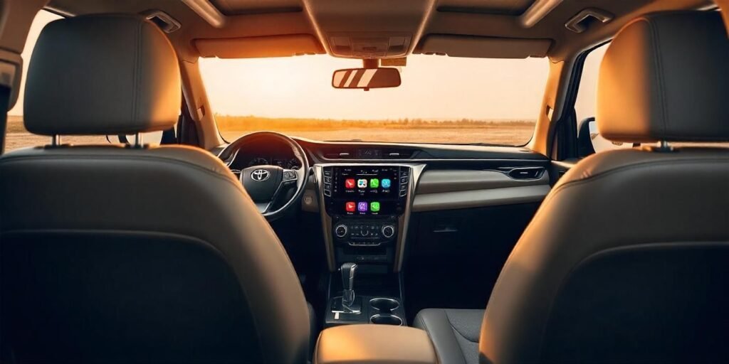 A close-up of Toyota Fortuner interior, focusing on the premium upholstery, spacious cabin, and advanced infotainment system, especially showing the compatibility with Apple CarPlay and Android Auto