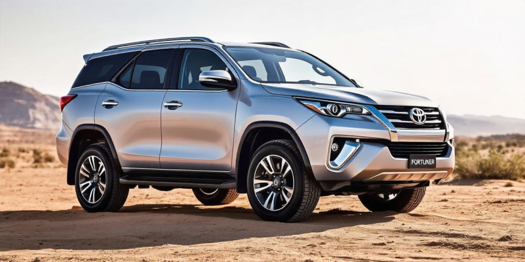 A sleek, high-quality image of the Toyota Fortuner in an outdoor setting, preferably in a desert or off-road terrain, showcasing its rugged capabilities and stylish design.