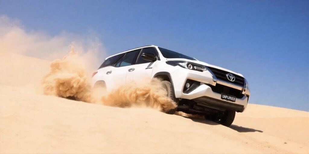 Fortuner navigating a desert or off-road trail, showcasing its 4x4 drivetrain and ability to handle tough terrains