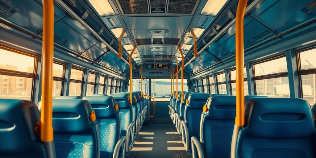 A clean and comfortable view of the interior of a abu dhabi main bus terminal's bus, showcasing seating and facilities.