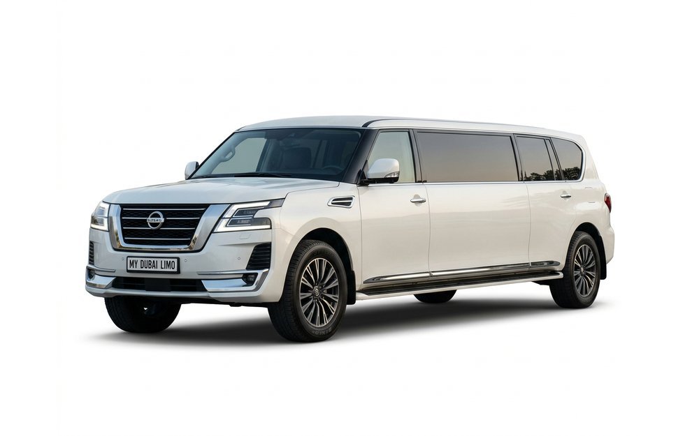 Nissan Patrol stretch limousine for chauffeur hire Dubai