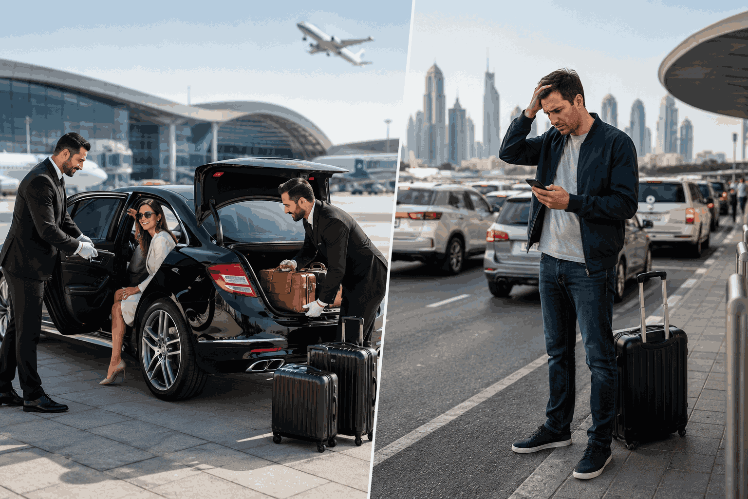 Split-screen comparison showing a luxury airport transfer with a professional chauffeur assisting passengers beside a Mercedes-Benz S-Class at Dubai International Airport versus a traveler waiting for a ride-hailing app in heavy traffic.