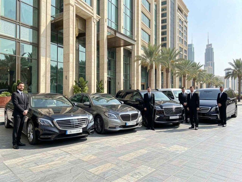 A luxury chauffeur fleet in Dubai featuring Mercedes-Benz S-Class, BMW 7 Series, Lexus ES 350, Cadillac Escalade, Mercedes V-Class, and Kia Carnival with professional chauffeurs outside a luxury hotel.