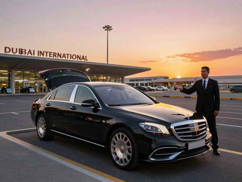 Professional chauffeur loading a luxury leather suitcase into the trunk of a black BMW 7 Series outside Dubai Airport, providing premium airport transfer and executive chauffeur service.