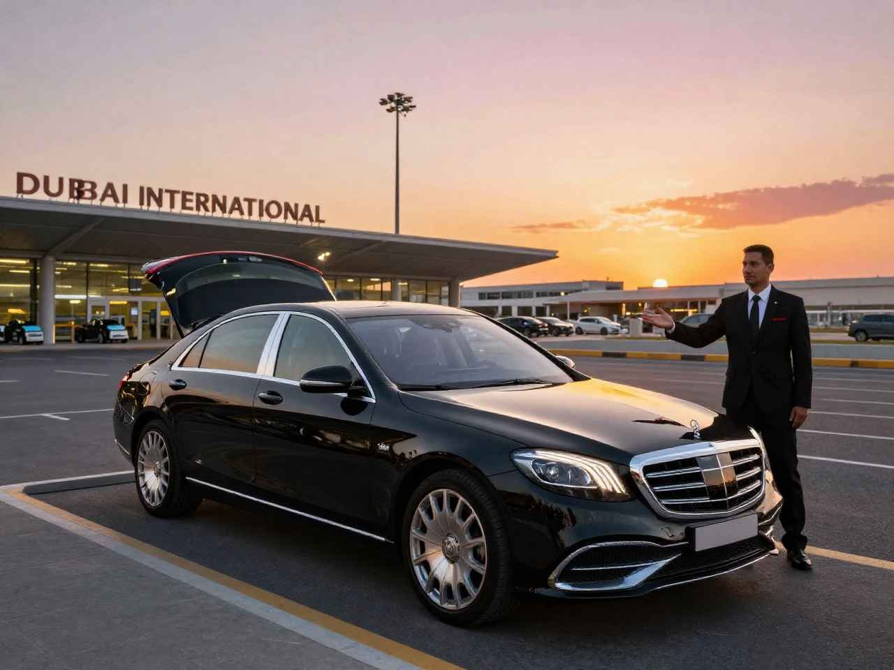 Professional chauffeur loading a luxury leather suitcase into the trunk of a black BMW 7 Series outside Dubai Airport, providing premium airport transfer and executive chauffeur service.