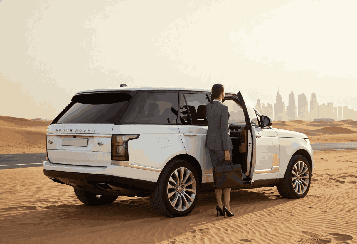 White Range Rover Vogue with a professional businesswoman beside the open rear door on a Dubai desert road, offering luxury chauffeur service, executive transportation, and premium business travel.