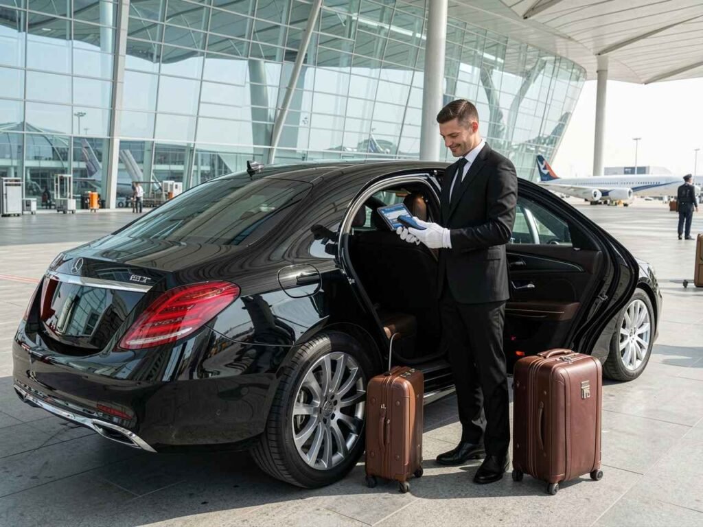 Professional chauffeur welcoming a traveler beside a luxury Mercedes-Benz S-Class at Dubai International Airport while confirming an airport chauffeur booking for a seamless luxury airport transfer.