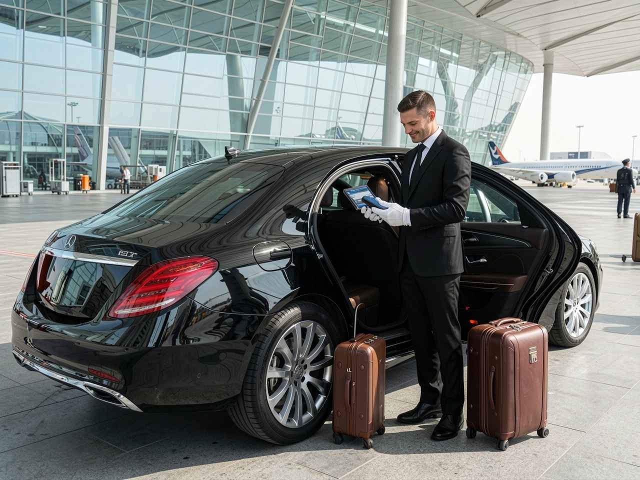 Professional chauffeur welcoming a traveler beside a luxury Mercedes-Benz S-Class at Dubai International Airport while confirming an airport chauffeur booking for a seamless luxury airport transfer.