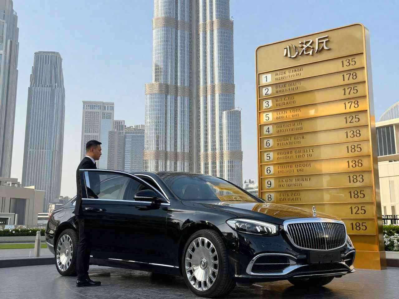 Luxury black Mercedes-Benz S-Class with a professional chauffeur opening the rear passenger door for a business executive outside Burj Khalifa, alongside a BMW 7 Series and Mercedes-Benz E-Class, representing chauffeur service options in Dubai.
