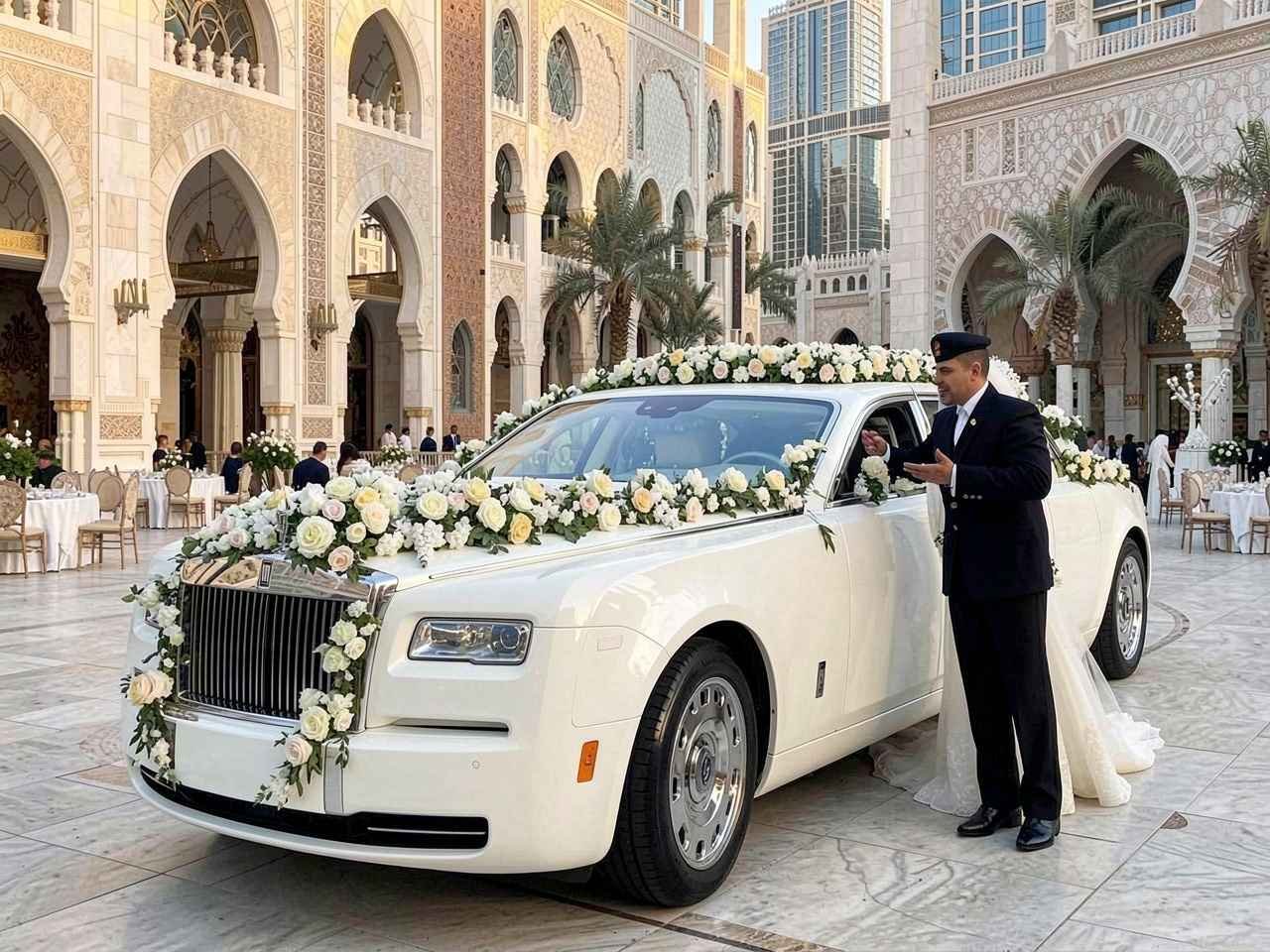 Luxury white Rolls-Royce Phantom decorated with elegant white and blush wedding flowers outside a Dubai wedding venue, with a professional chauffeur welcoming the bride and groom for a premium wedding chauffeur service.