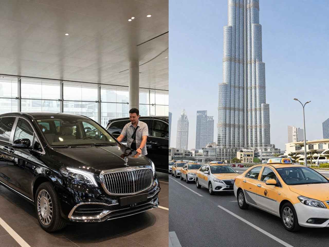 Airport Transfer Dubai chauffeur service compared with a Dubai taxi outside Dubai International Airport.
