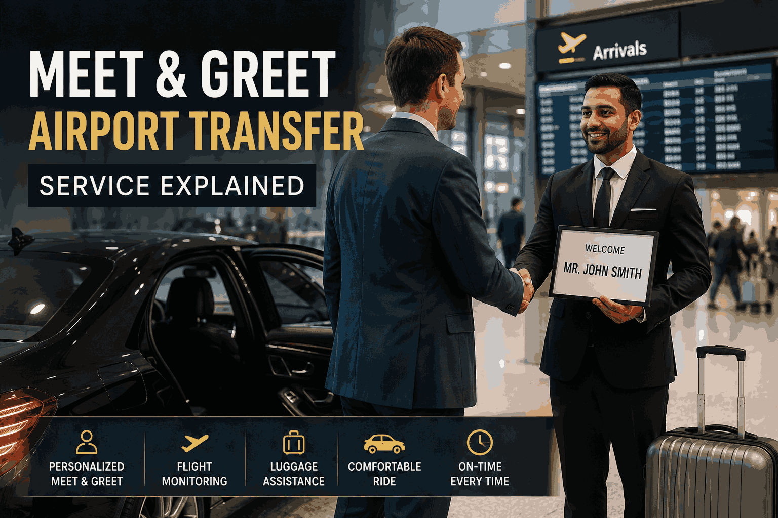 Meet & Greet airport transfer service with a professional chauffeur welcoming a traveler at the airport.
