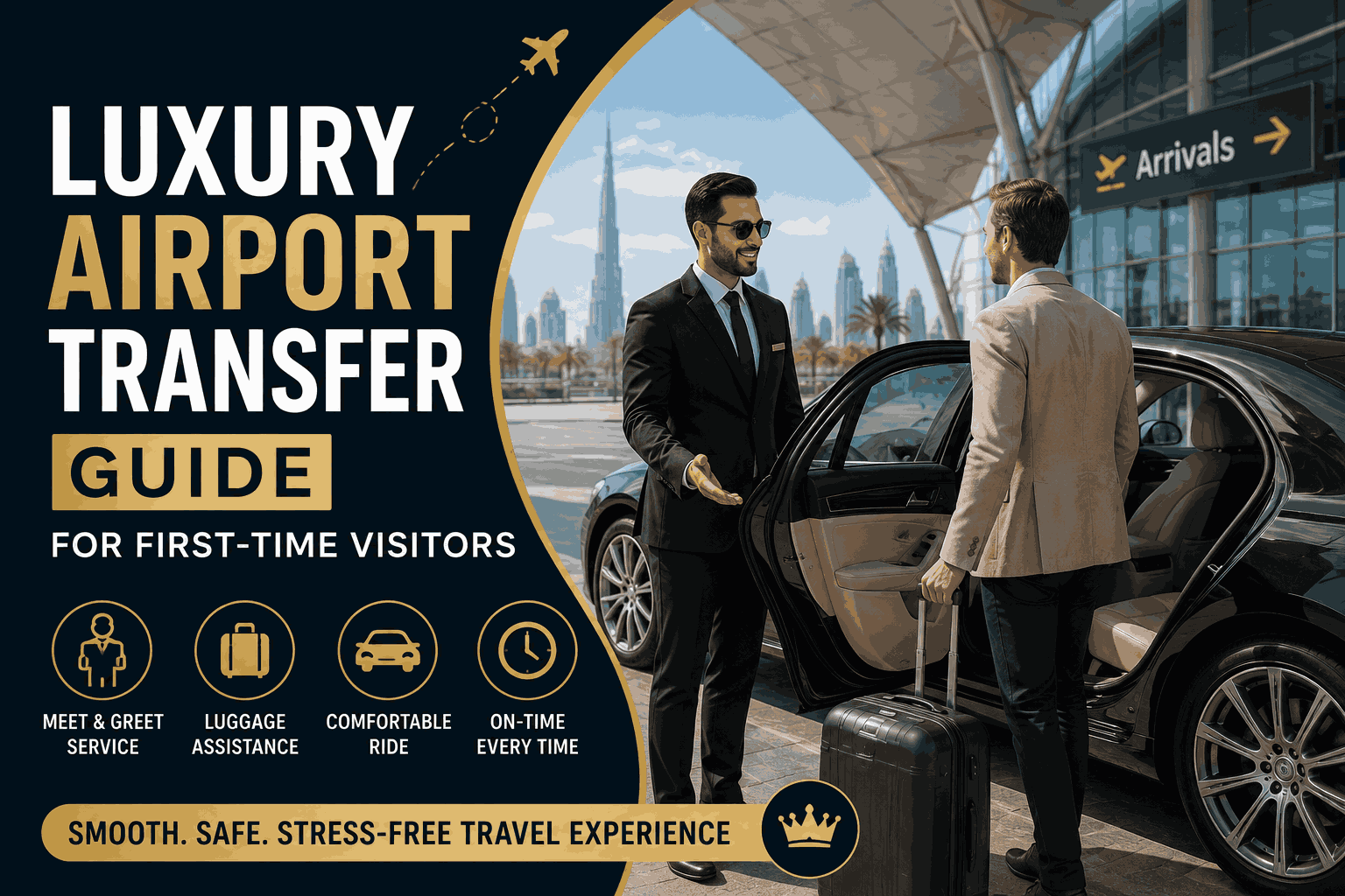 Luxury airport transfer guide for first-time visitors with a professional chauffeur assisting a traveler at Dubai International Airport.