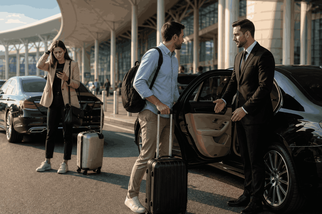 Professional airport chauffeur assisting a traveler while avoiding common airport transfer mistakes outside Dubai International Airport.