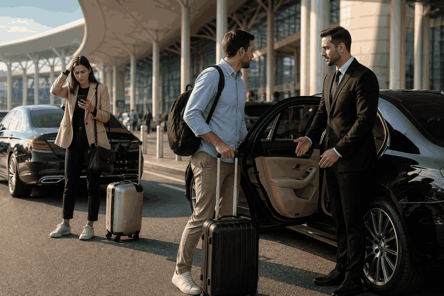 Professional airport chauffeur assisting a traveler while avoiding common airport transfer mistakes outside Dubai International Airport.