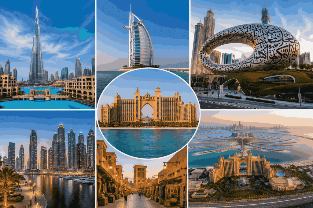 Collage of Dubai's top attractions including Burj Khalifa, Burj Al Arab, Museum of the Future, Atlantis The Palm, Dubai Marina, Palm Jumeirah, and a traditional souk.
