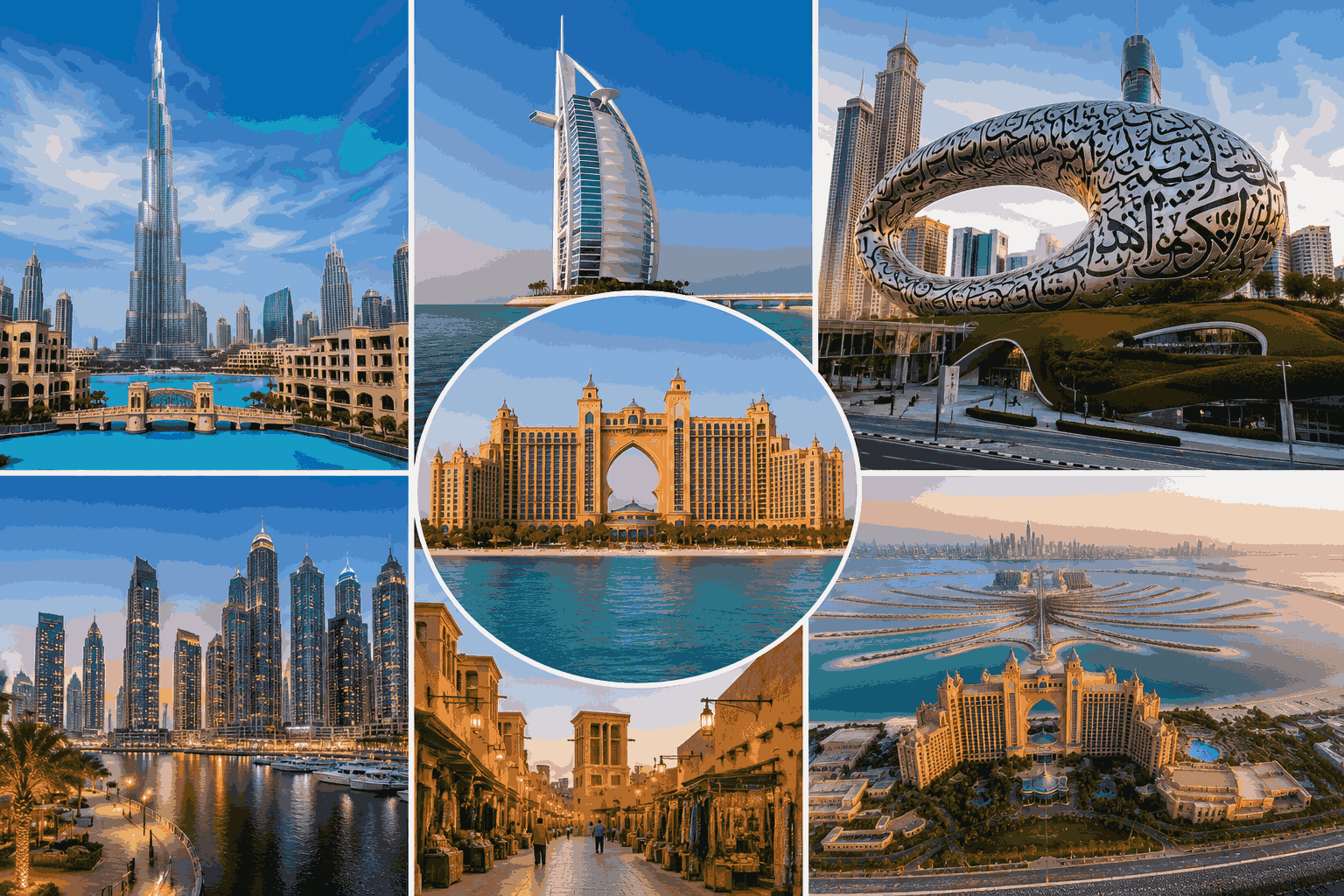Collage of Dubai's top attractions including Burj Khalifa, Burj Al Arab, Museum of the Future, Atlantis The Palm, Dubai Marina, Palm Jumeirah, and a traditional souk.
