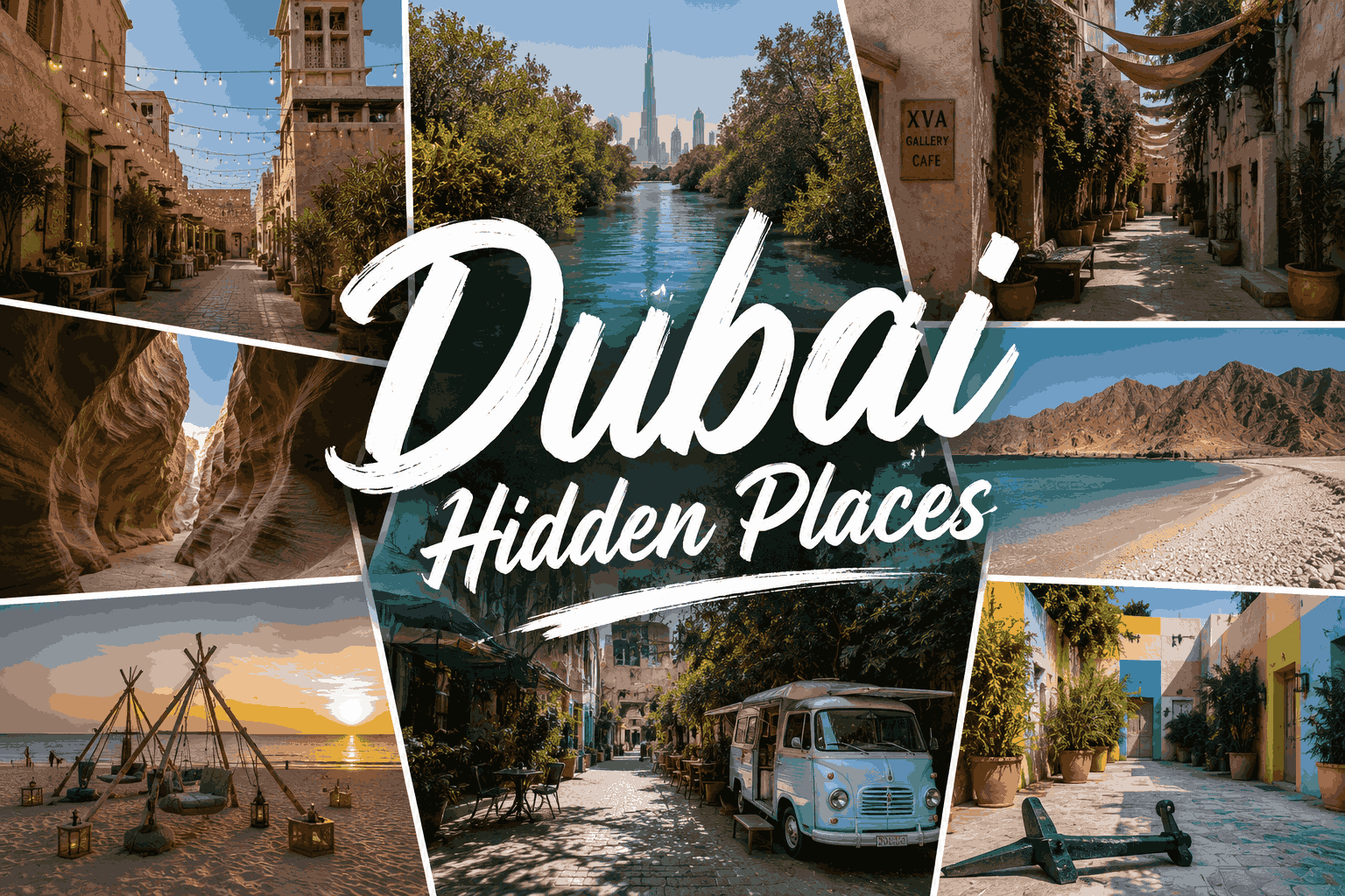 Collage of Dubai hidden places featuring Al Fahidi Historical District, mangroves, mountain beaches, colorful streets, and other hidden gems.