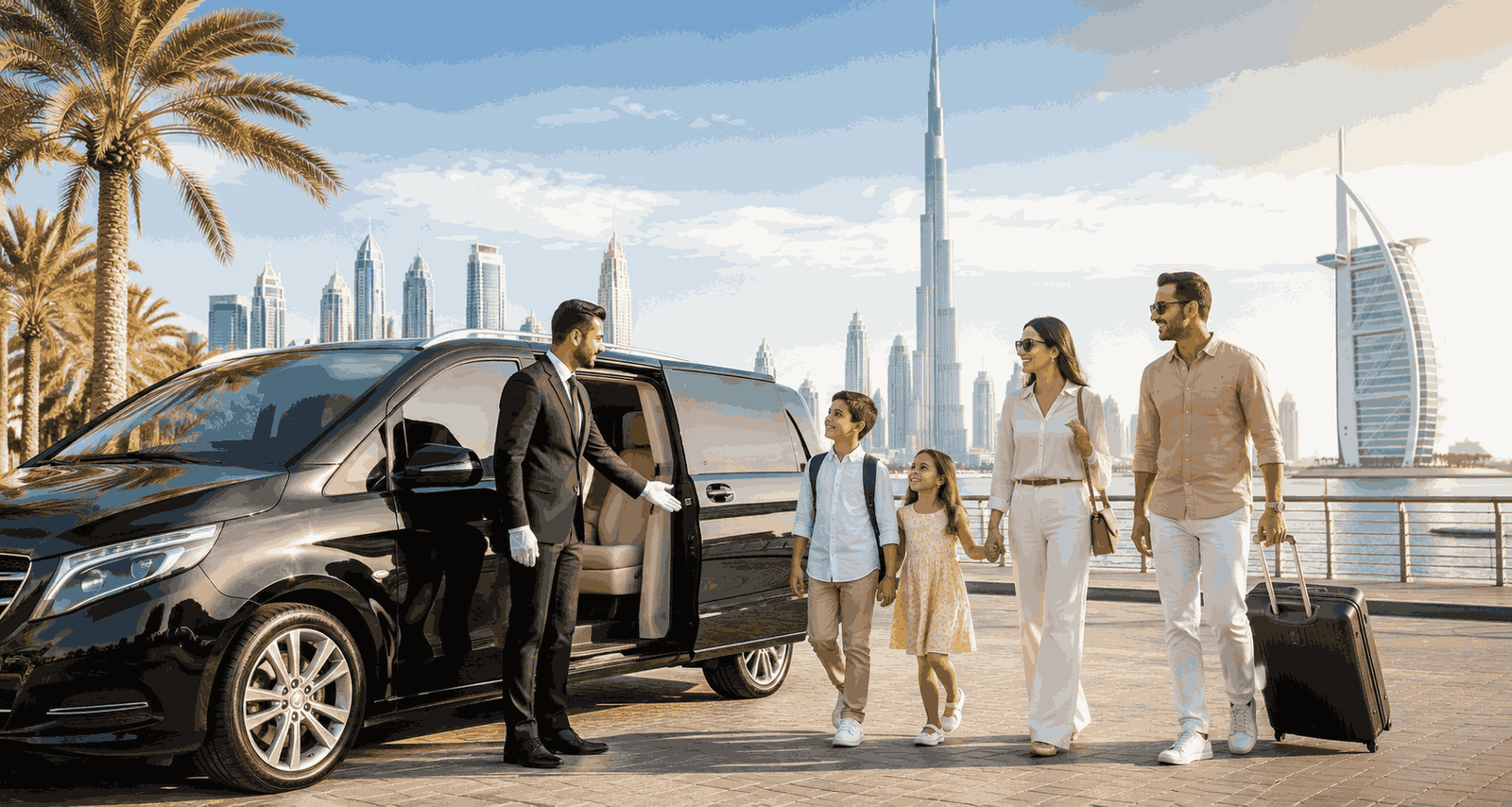Family enjoying a Dubai city tour with a professional chauffeur beside a luxury vehicle and iconic Dubai landmarks.