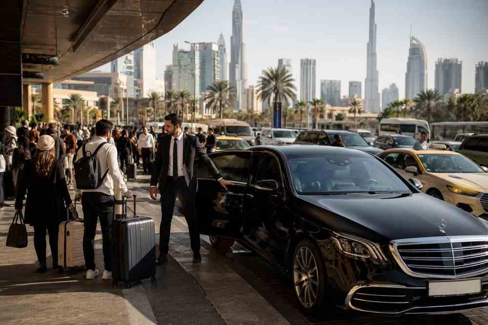 Professional chauffeur managing heavy winter tourist crowds in Dubai