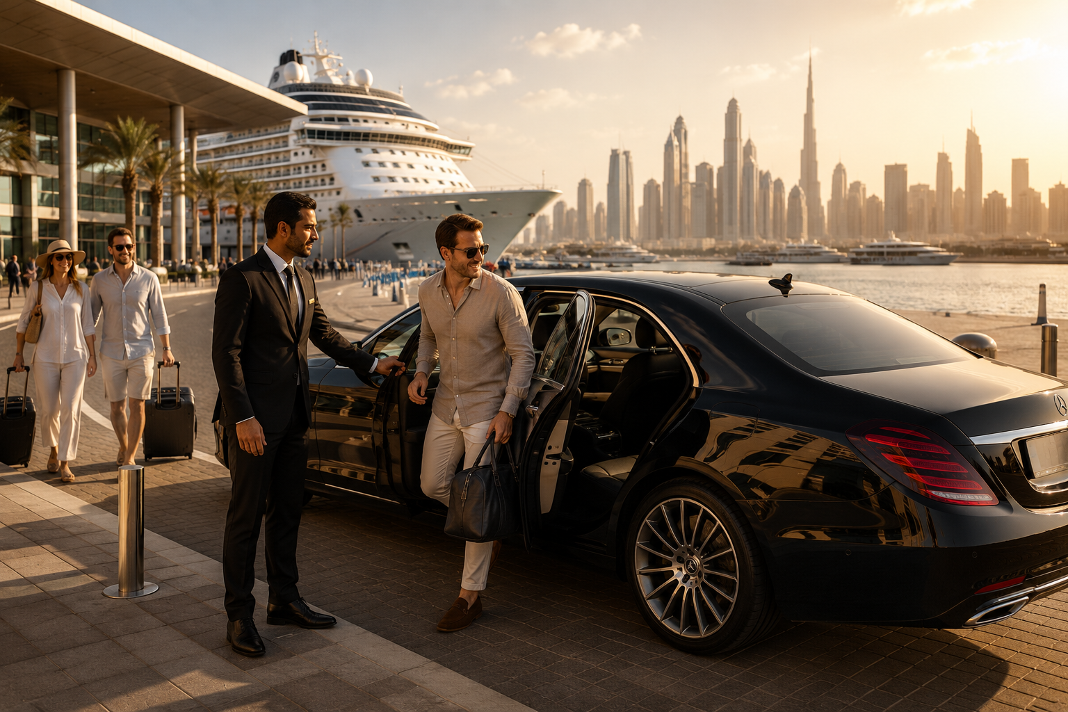 Chauffeur service for Dubai Cruise Terminal arrivals with a luxury black Mercedes, professional chauffeur, and cruise ship.