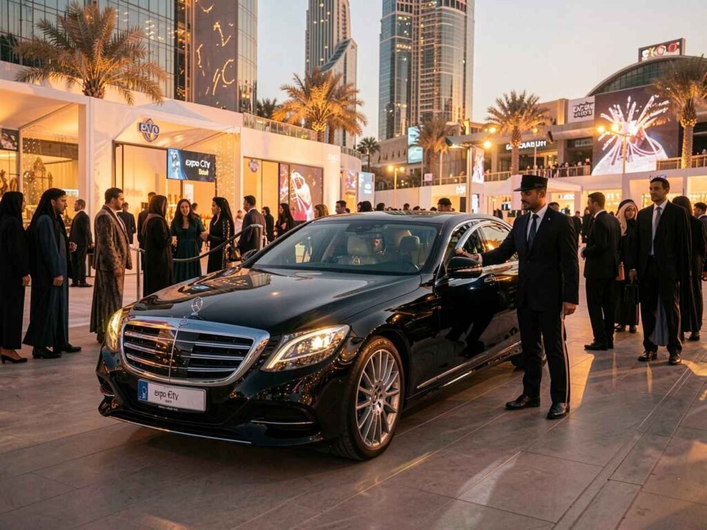 Luxury chauffeur service at Expo City Dubai Winter Show with a premium Mercedes-Benz and professional chauffeur.
