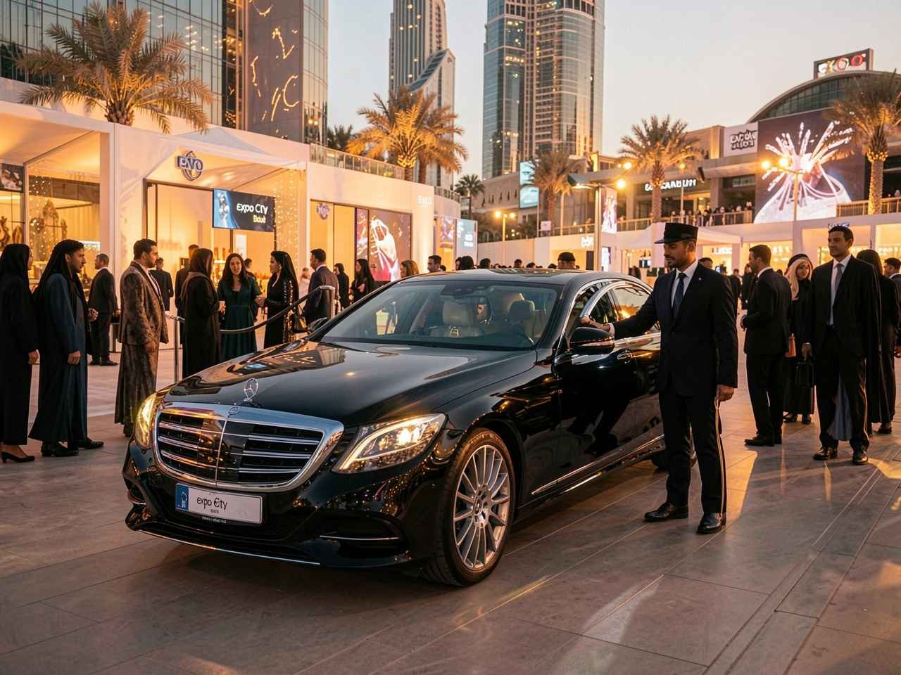 Luxury chauffeur service at Expo City Dubai Winter Show with a premium Mercedes-Benz and professional chauffeur.