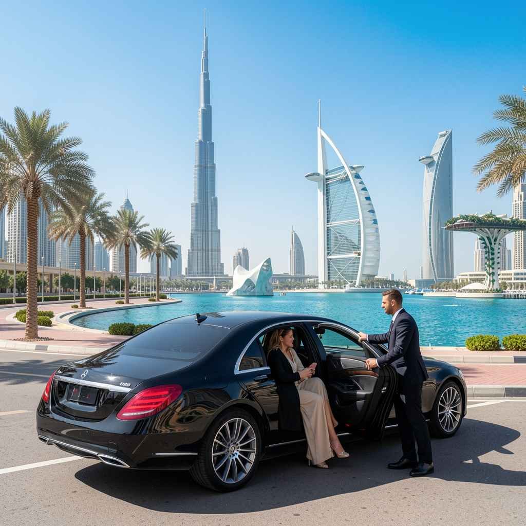 Luxury chauffeur service taking visitors to Dubai's top attractions in a premium Mercedes with iconic landmarks in the background.