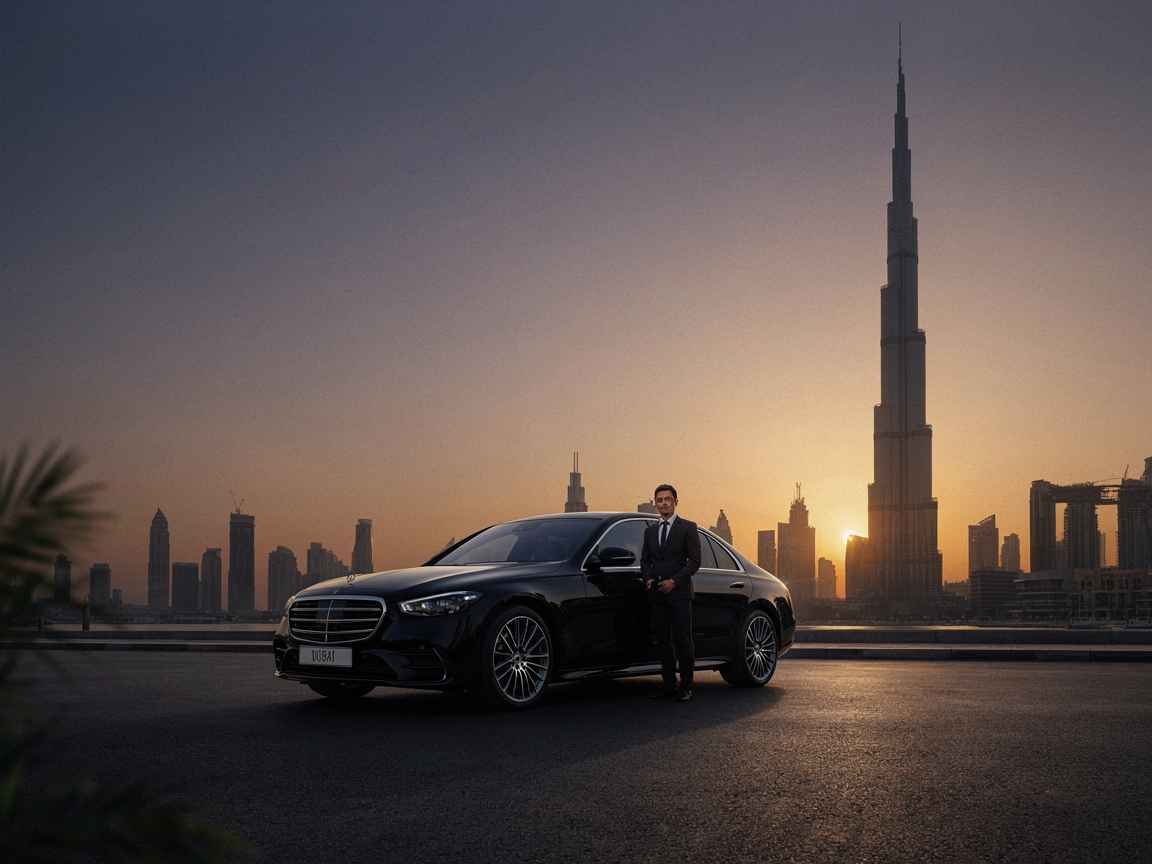 VIP Dubai sightseeing experience with chauffeur and luxury Mercedes-Benz S-Class near Burj Khalifa