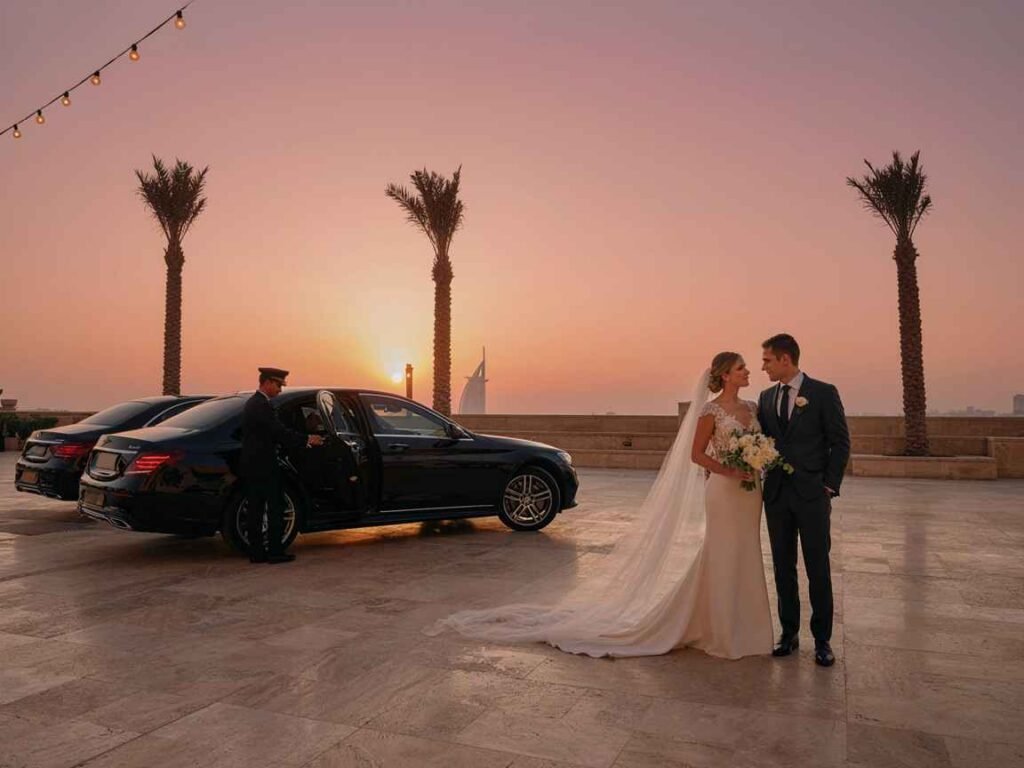 Best luxury cars for weddings in Dubai with bride, groom, and professional chauffeur