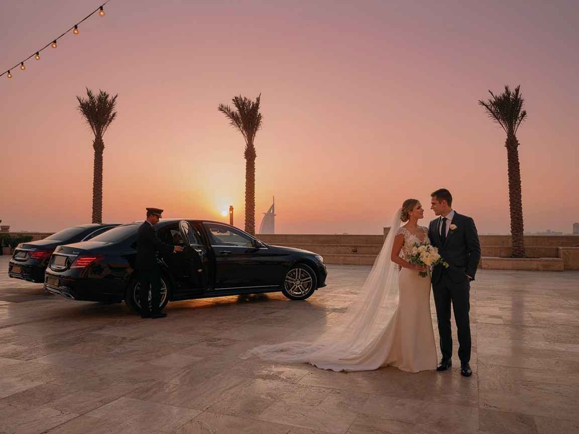Best luxury cars for weddings in Dubai with bride, groom, and professional chauffeur