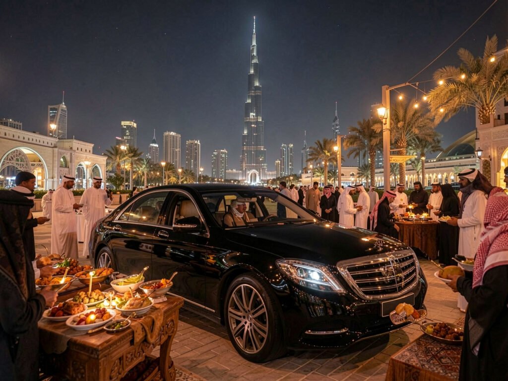 Luxury chauffeur service in Dubai during Ramadan evening with a Mercedes-Benz S-Class near Burj Khalifa