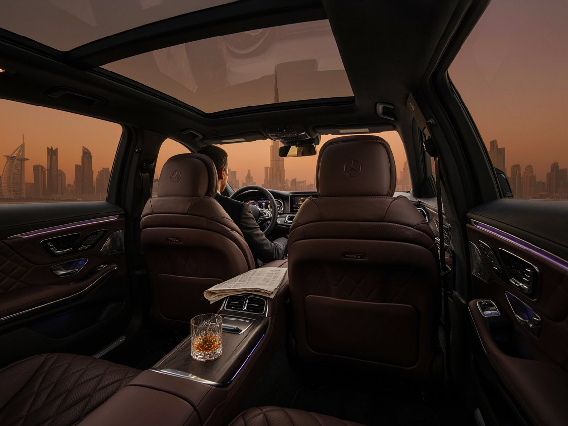 Luxury Mercedes-Benz chauffeur car interior in Dubai with premium leather seats, ambient lighting, and a professional chauffeur.