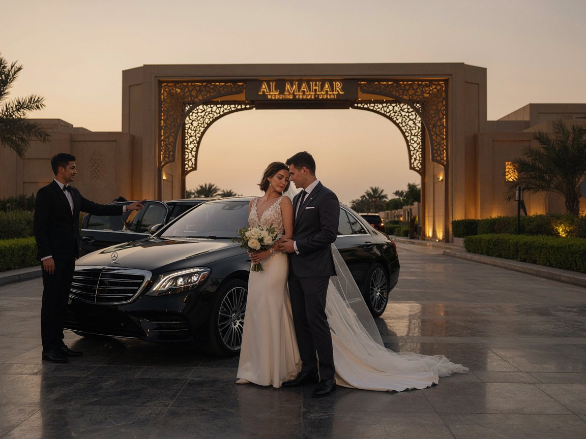 Luxury wedding chauffeur service in Dubai with newlywed couple and Mercedes-Benz S-Class