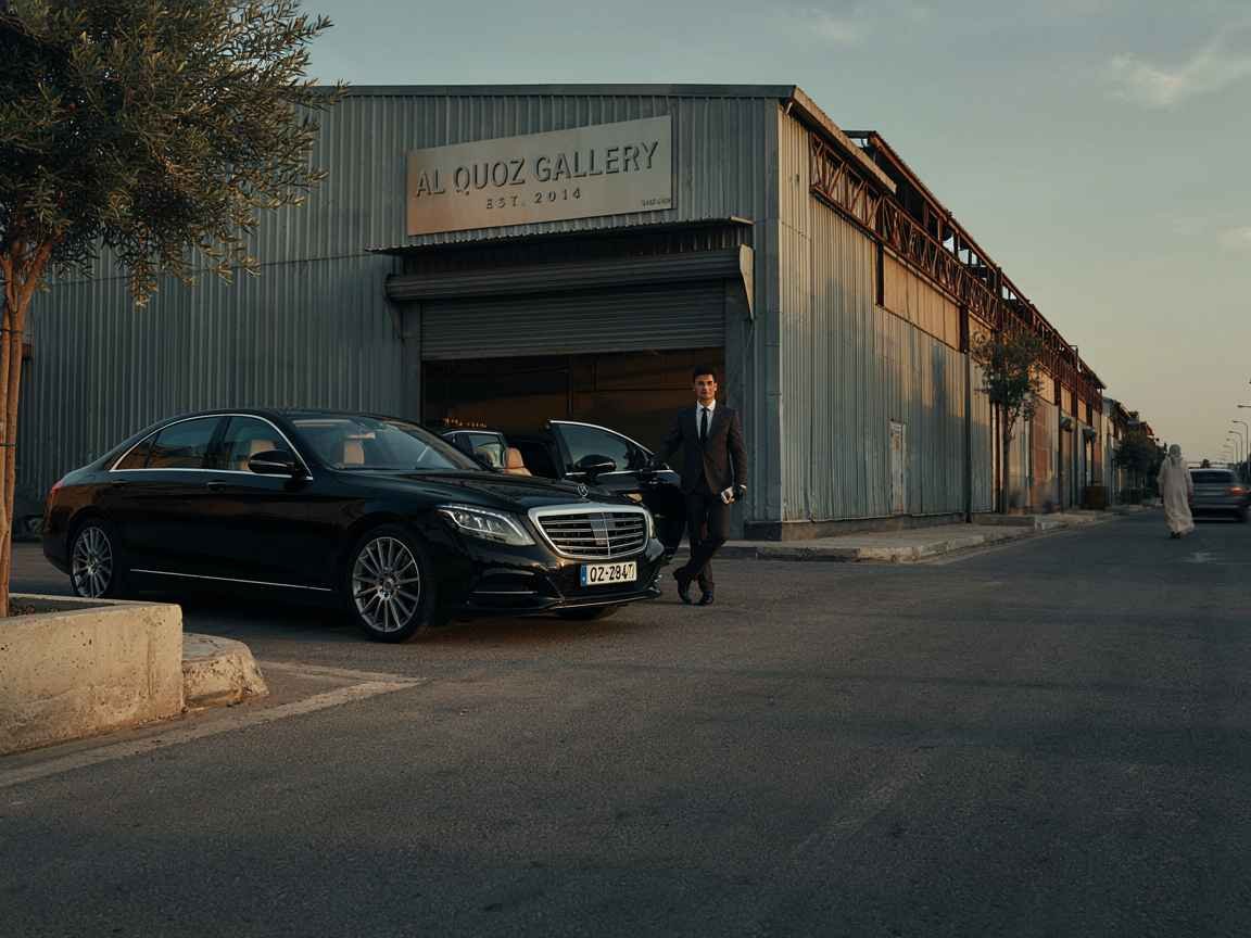 Private car travel in Al Quoz Dubai with a luxury Mercedes-Benz and chauffeur near art galleries and cafes.