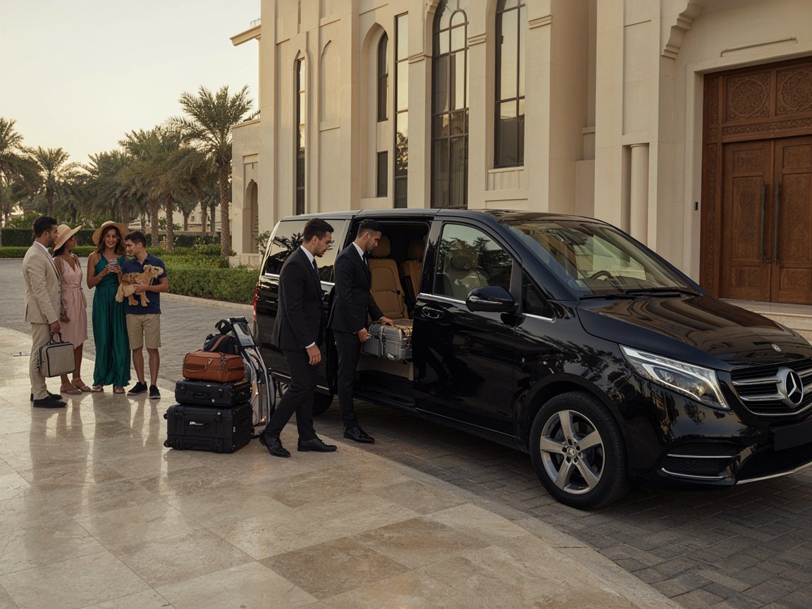 Professional chauffeur helping a family with moving and relocation in Dubai
