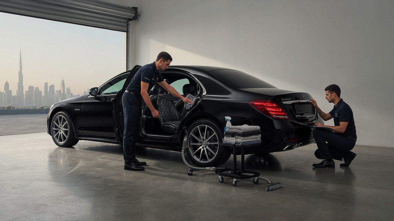 Chauffeur Car Hire Dubai cleaning and inspecting a luxury vehicle