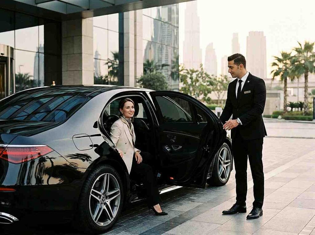 Professional chauffeur assisting passenger beside luxury car in Dubai