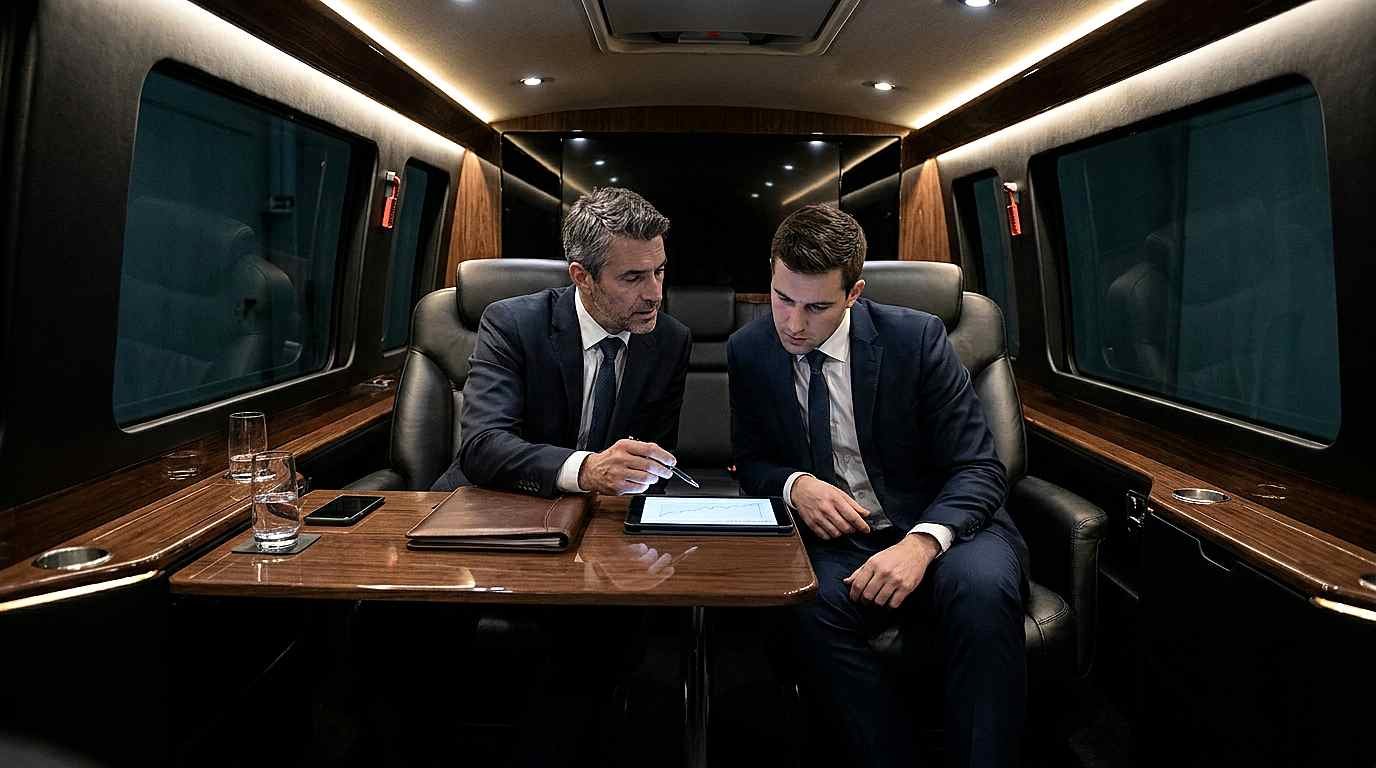 Two Executives Having a Business Meeting Inside a Luxury Stretch Limousine in Dubai