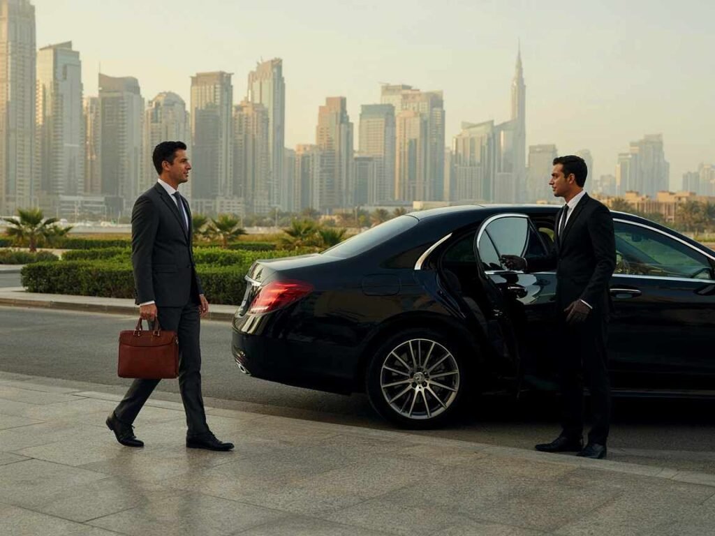 Dubai executive arriving in a luxury chauffeur-driven car with professional chauffeur