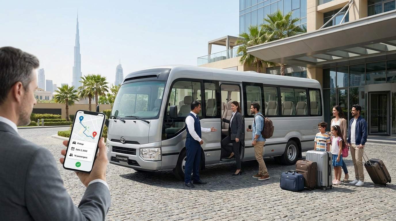 Silver 18-passenger minibus parked outside a luxury hotel in Downtown Dubai, with a professional driver helping a group of travelers board with luggage.