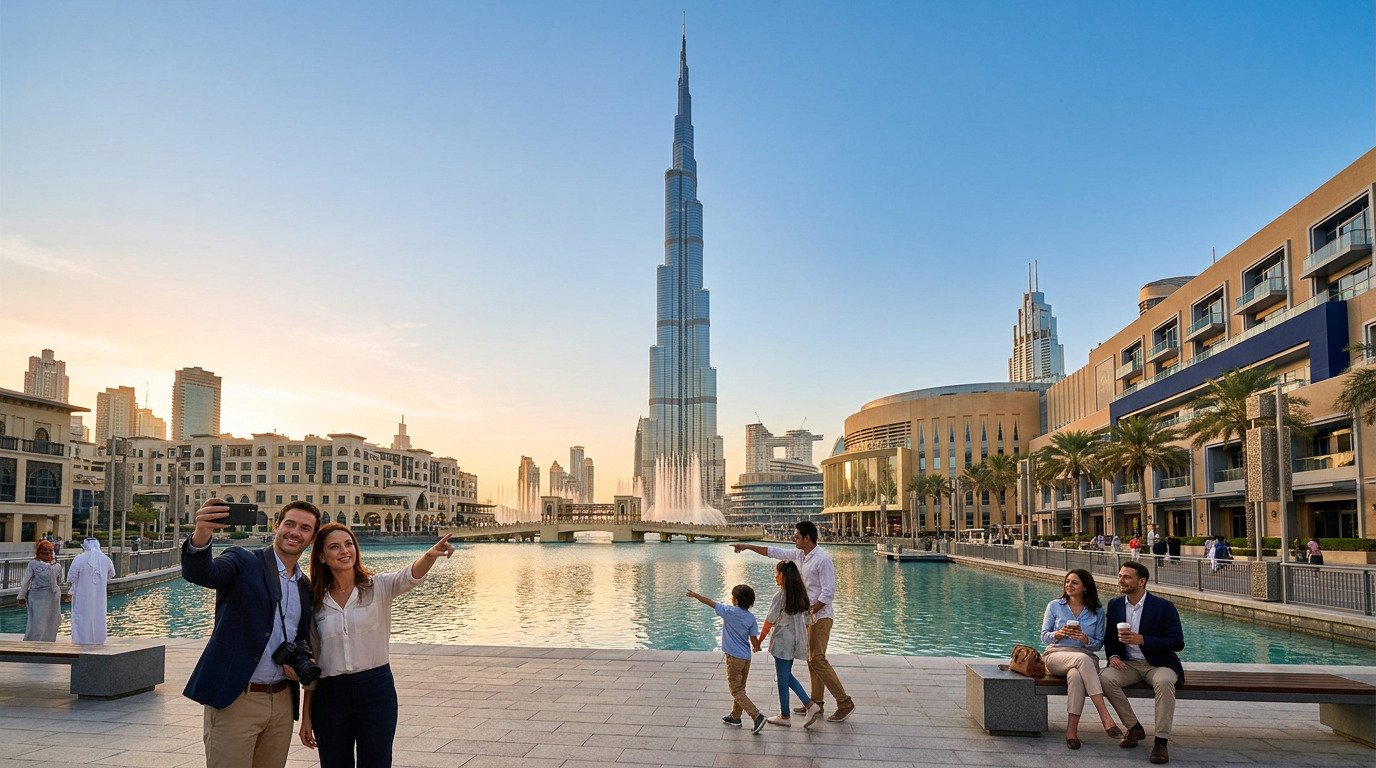 Burj Khalifa and Downtown Dubai waterfront attractions at golden hour