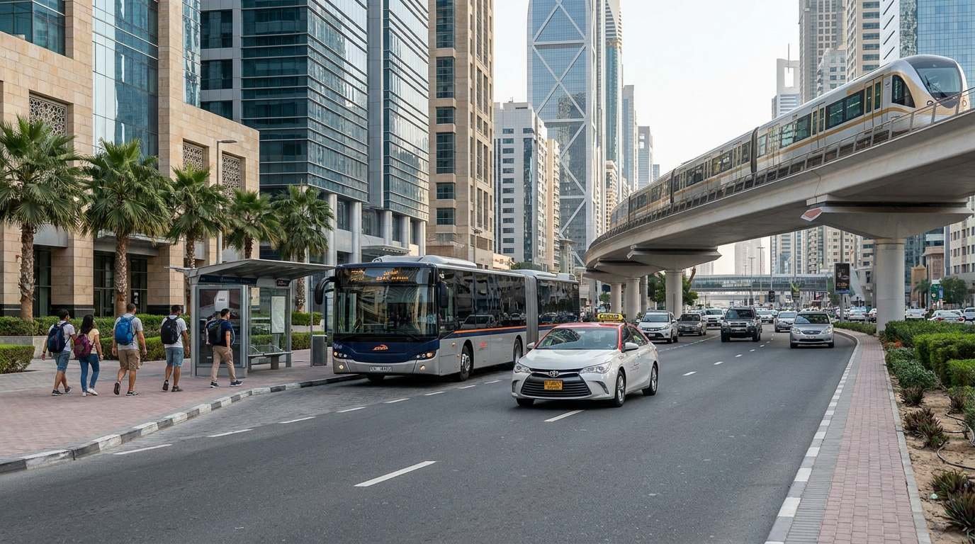 Dubai Metro, city bus, taxi and pedestrians on a modern Dubai street