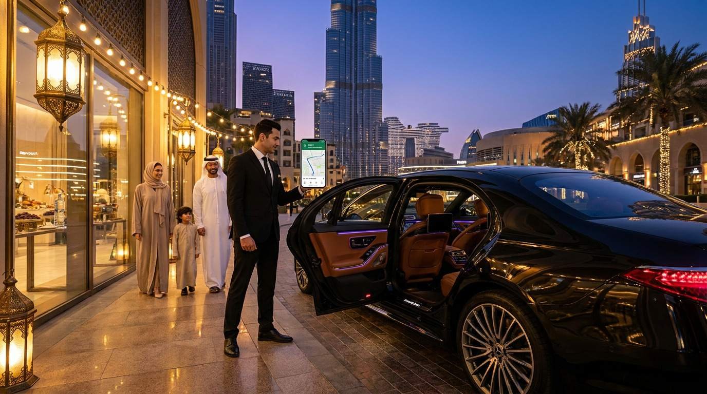 Luxury Mercedes-Benz S-Class with a professional chauffeur welcoming a family for an Iftar visit in Downtown Dubai during a Ramadan evening.