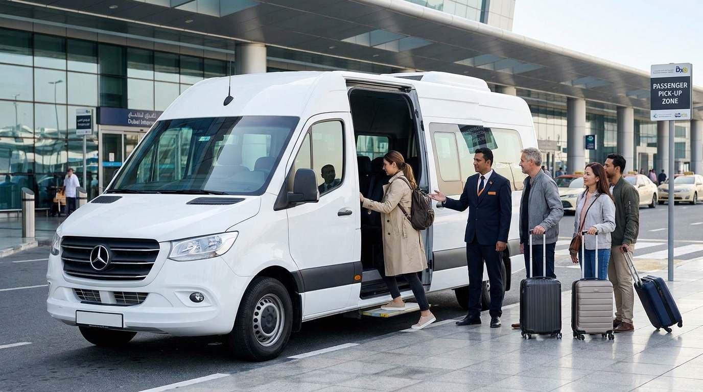 Travellers boarding a shared airport shuttle outside Dubai International Airport